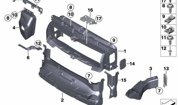 Conducto de aire del radiador desplazado derecho para BMW F20N, F21N (OEM 51748060310). Original BMW.