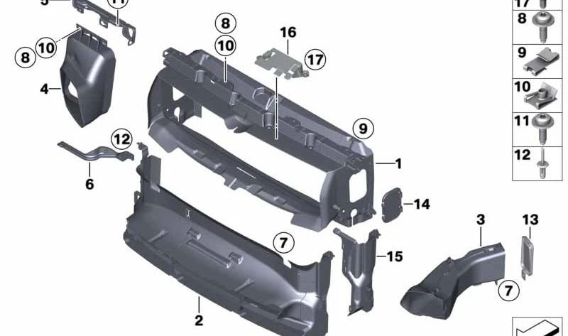 Zusätzliche Kühlerhalterung unten links für BMW F20, F21, F22, F23, F30, F31, F32, F36 (OEM 51647266323). Original BMW.