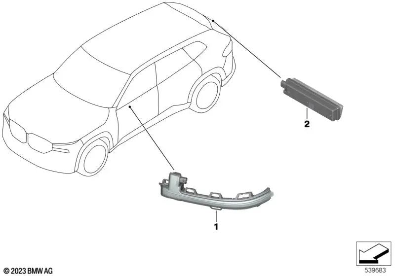 Luz de intermitente adicional en espejo derecho para BMW X3 F97, G01, G08, X4 F98, G02, X5 F95, G05, X6 F96, G06, X7 G07, XM G09 (OEM 63137441440). Original BMW.