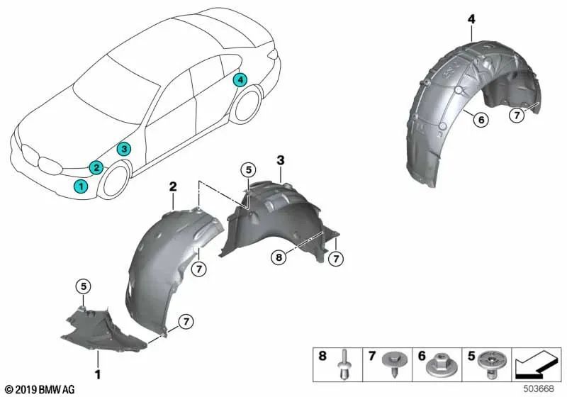 Cubierta del guardabarros inferior derecho para BMW G22, G23 (OEM 51717447136). Original BMW