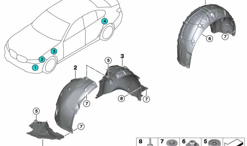 Cubierta inferior del paso de rueda izquierdo OEM 51118074891 para BMW G20, G21, G28. Original BMW.