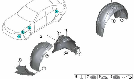 Cubierta paso de rueda inferior derecha OEM 51118074892 para BMW G20, G21, G28. Original BMW.