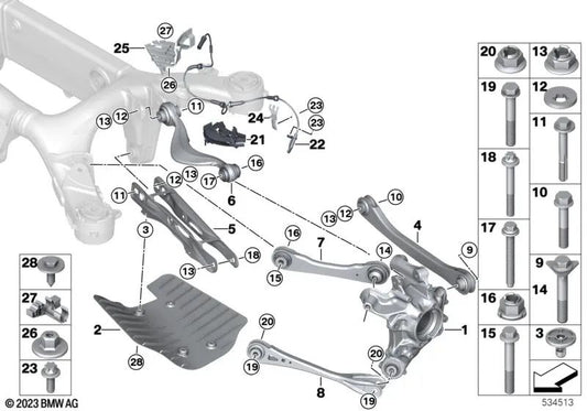 Tirante de dirección con soporte de goma izquierdo para BMW X5 G05, G05N, X6 G06, G06N, X7 G07, G07N (OEM 33306878029). Original BMW.