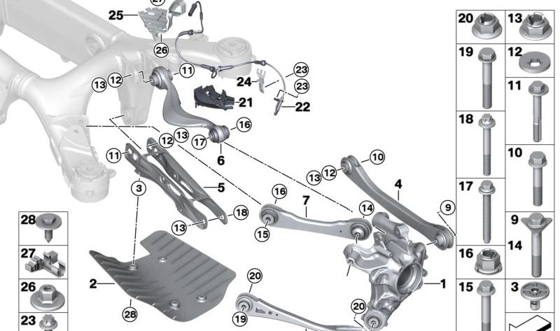 Rear left wheel carrier for BMW G18, G09 (OEM 33301544035). Original BMW.