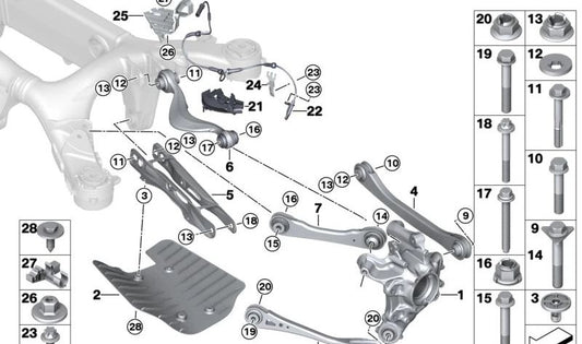 Rear left wheel carrier for BMW G18, G09 (OEM 33301544035). Original BMW.