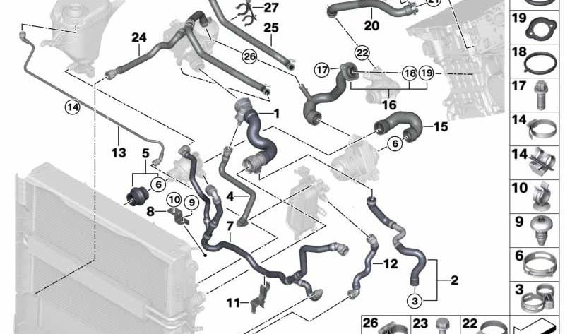 Manguera de termostato y bomba de refrigerante OEM 11537581942 para BMW F10, F11, F01, F02. Original BMW.