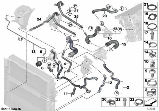 Manguera de refrigerante para BMW F10, F11, F18, F01N, F02N (OEM 17127582924). Original BMW.