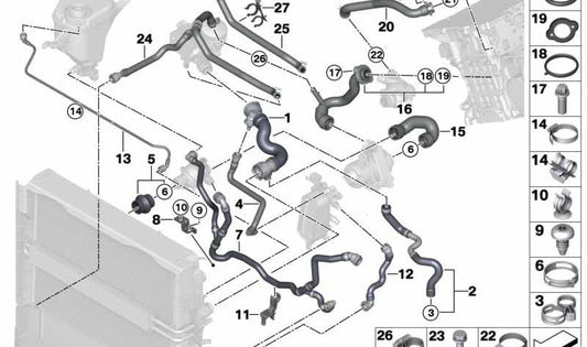 Manguera Culata-Termostato para BMW Serie 5 F10, F11, F18, Serie 7 F01, F02 (OEM 11537581063). Original BMW.