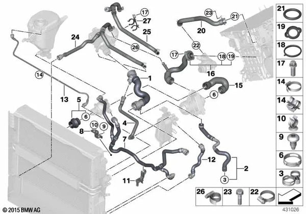 Manguera de refrigerante para BMW Serie 7 F01, F02 (OEM 17127578401). Original BMW