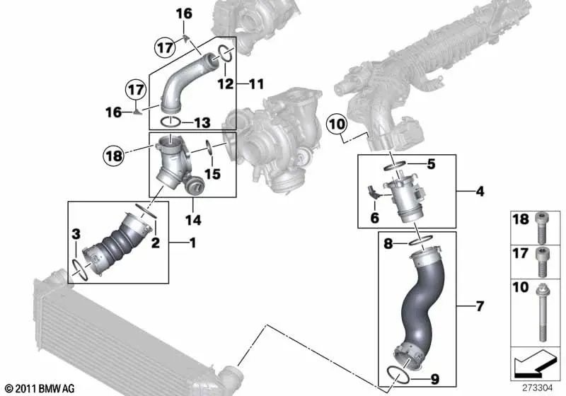 Ladeluftrohr para BMW F20, F21, F22, E90N, F30, F31, F34, F32, F33, F36, F10, F11, F06, F12, F13, F01N, E84, F25, F26, F15, F16 (OEM 11618519492). Original BMW.