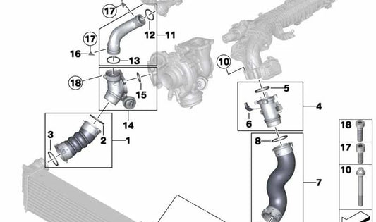 Intercooler pipe for BMW 3 Series F30, F31, F34, 4 Series F32, F33, F36, X3 F25, X4 F26 (OEM 11618507706). Genuine BMW.