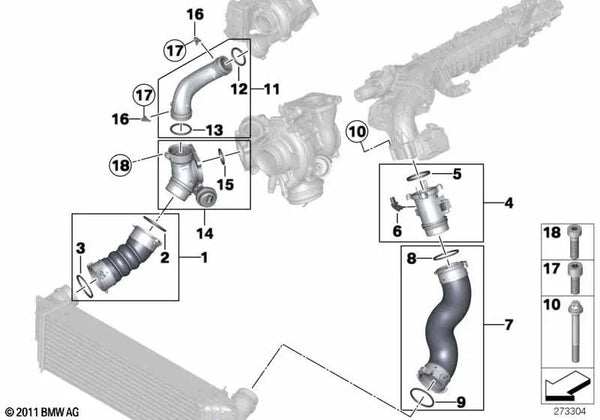 Tubo de intercooler para BMW Serie 3 F30, F31, F34 Serie 4 F32, F33, F36 X3 F25 X4 F26 (OEM 11617823233). Original BMW