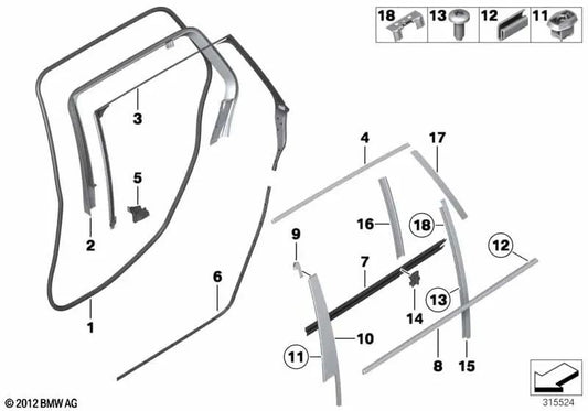 Moldura del marco de la ventana superior puerta trasera derecha para BMW Serie 5 F11, F11N (OEM 51357209720). Original BMW.