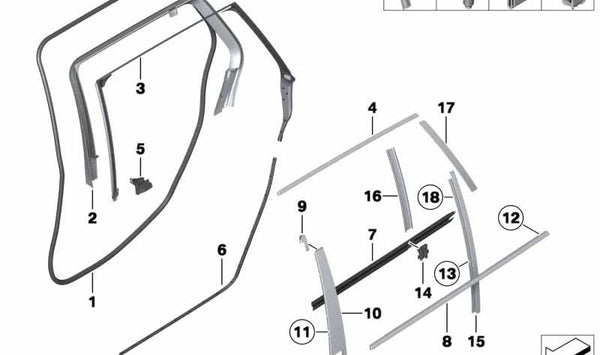 Moldura columna B puerta trasera derecha OEM 51355A56DF8 para BMW F10, F11, F18. Original BMW.