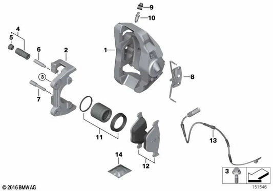 Rechtes Bremssattelgehäuse für BMW 1er E82, 3er E90, E92, E93 (OEM 34112283362). Original BMW