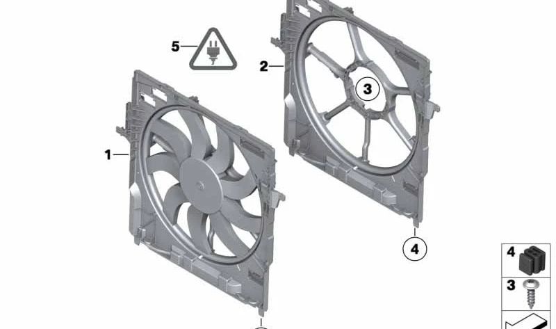 Fan assembly with fan for BMW 5 Series F07, F10, F11, F18, 6 Series F06, F12, F13, 7 Series F01, F02 (OEM 17428509741). Original BMW