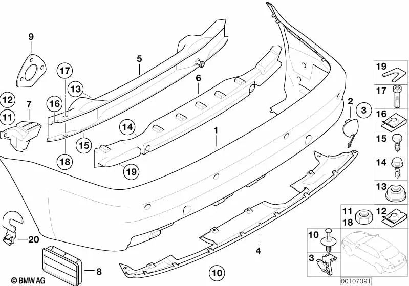 Cubierta del parachoques trasero imprimada para BMW E46 (OEM 51127897863). Original BMW.