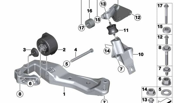 Soporte de transmisión OEM 22326850715 para BMW Serie 5 (F07, F10, F11), Serie 6 (F06, F12, F13) y Serie 7 (F01, F02). Original BMW