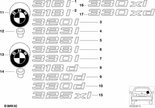 Emblema trasero para BMW Serie 3 E46 (OEM 51148255239). Original BMW