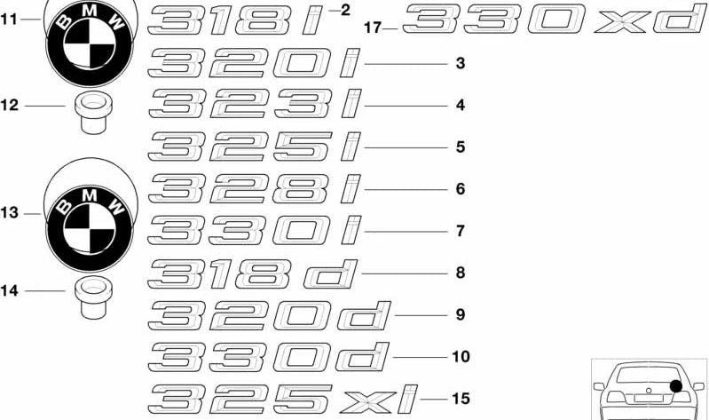 Emblema pegado trasero para BMW Serie 3 E46 (OEM 51148195145). Original BMW.