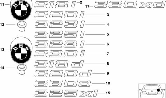 Emblema pegado trasero para BMW Serie 3 E46 (OEM 51147004679). Original BMW