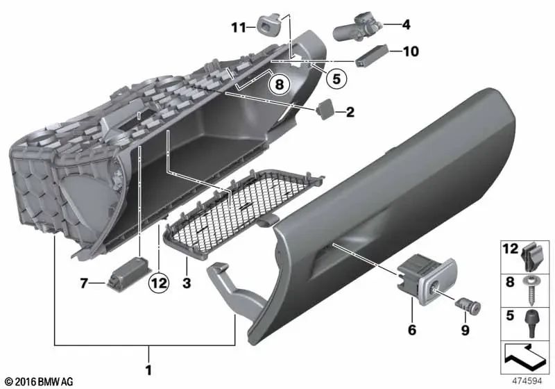 Cerradura del guantera para BMW Serie 3 F30, F31, F34, F35 (OEM 51169240955). Original BMW