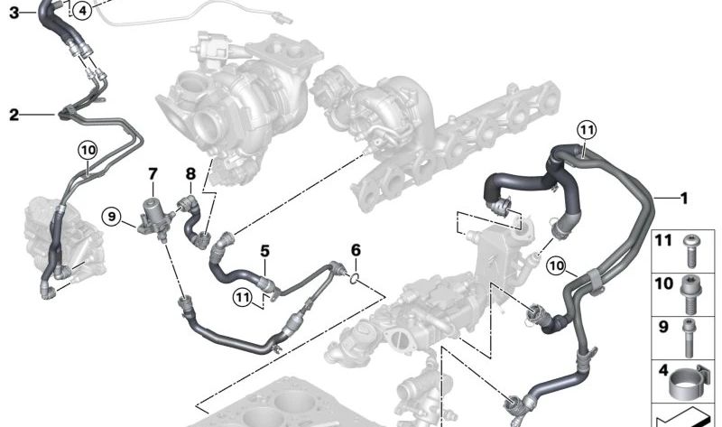 Tubería de conexión entre cilindro, cárter y turbo OEM 11538596387 para BMW G20, G21, G22, G23, G30, G31, G32, G11, G12, G14, G15, G16. Original BMW.