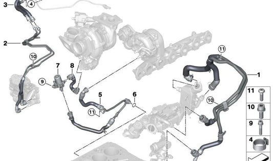 Tubería de conexión entre cilindro, cárter y turbo OEM 11538596387 para BMW G20, G21, G22, G23, G30, G31, G32, G11, G12, G14, G15, G16. Original BMW.