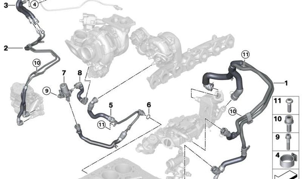 Tubería de conexión entre cilindro, cárter y turbo OEM 11538596387 para BMW G20, G21, G22, G23, G30, G31, G32, G11, G12, G14, G15, G16. Original BMW.