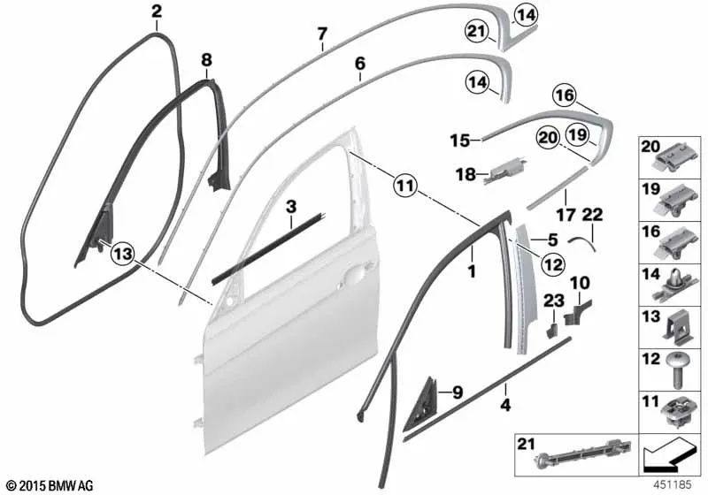 Sellado del marco de la ventana interior delantero derecho para BMW Serie 3 F30, F31, F35, F80 (OEM 51337259382). Original BMW