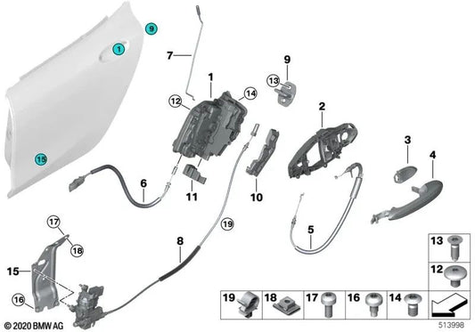 Cable Bowden para apertura de puerta trasera para BMW Serie 8 F93, G16 (OEM 51227428535). Original BMW