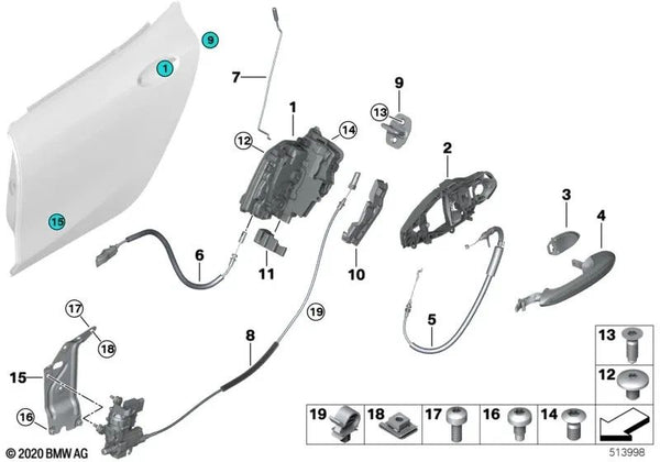 Sellado de cerradura trasera derecha para BMW F90, G30, G31, G38 Serie 6 G32, Serie 7 G11, G12, Serie 8 F93, G16, X3 F97, G01, G08, X4 F98, G02 (OEM 51227432886). Original BMW.