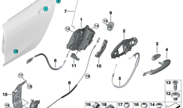 Asistente de cierre de puerta derecha OEM 51225A36EB6 para BMW Serie 8 (G16) y BMW M8 Gran Coupé (F93). Original BMW.