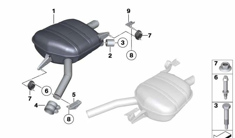 Soporte silenciador trasero izquierdo para BMW F07, F10, F11, F18 Serie 5, F06, F12, F13 Serie 6, F01, F02, F04 Serie 7 (OEM 18207578229). Original BMW