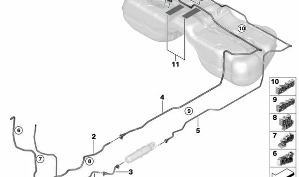 Línea de retorno de combustible trasera para BMW Serie 7 G11, G11N (OEM 16127386654). Original BMW