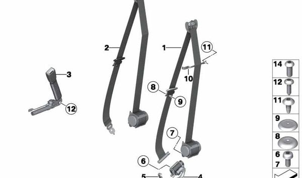 Cinturón de seguridad delantero izquierdo OEM 72119164477 para BMW F10, F11, F01, F02. Original BMW.