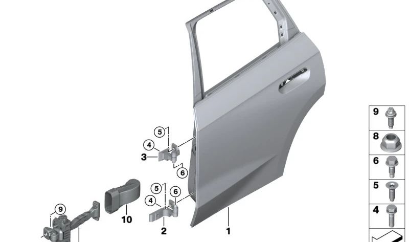 Bisagra de puerta trasera inferior izquierda para BMW Serie 1 F20, F40, F52, Serie 2 F44, F45, F46, U06, Serie 3 F30, F31, F34, F35, F80, G20, G21, G28, G80, Serie 4 F36, G26, X1 F48, F49, U11, X2 F39, MINI F54, F55, F60 (OEM 41527284543). Original BMW