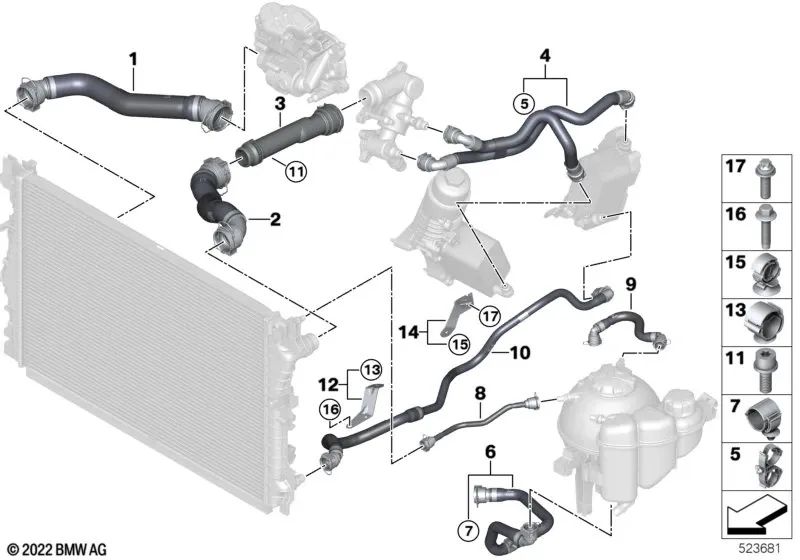 Tubo del Radiador de Refrigerante para BMW Serie 3 G20, G21, Serie 4 G22, G23, G26, Serie 5 G30N, G31N, Serie 6 G32N, Serie 7 G11N, G12N, G70, Serie 8 G14, G15, G16, X3 G01, X4 G02, X5 G05, X6 G06, X7 G07 (OEM 11538596429). Original BMW