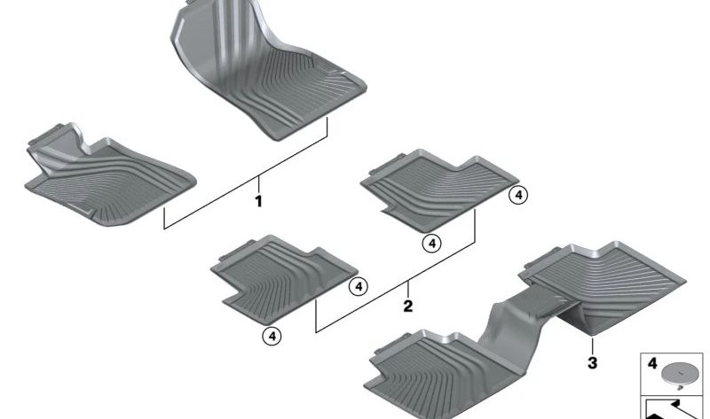 Alfombrillas de goma originales OEM 51475A43445 para BMW G26 (i4). Antideslizantes y resistentes al agua.