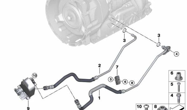 Tubo de retorno del enfriador de aceite OEM 17228509701 para BMW E82, E88, E90, E91, E92, E93, E84. Original BMW.