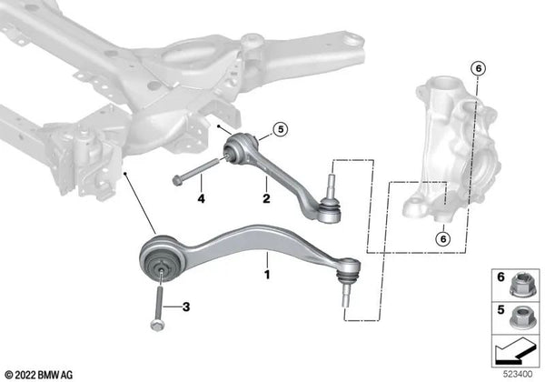 Brazo de control inferior con cojinete de goma derecho para BMW Serie 3 G20, G20N, G21, G21N, G28, G28N (OEM 31106898072). Original BMW.