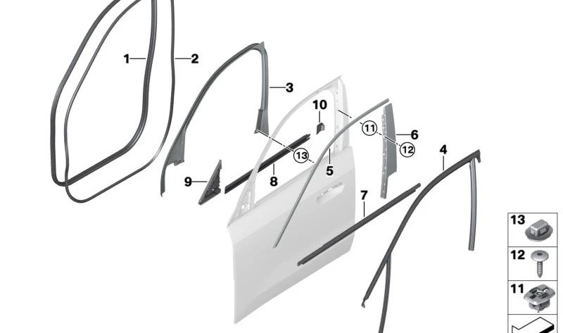 Protector de puerta delantera OEM 51725A2E819 para BMW (Modelos compatibles: Serie 1 F20, F21; Serie 3 F30, F31; Serie 4 F32, F33, F36). Original BMW.