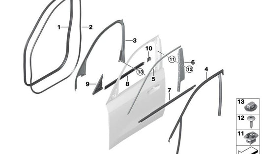 Protector de puerta delantera OEM 51725A2E819 para BMW (Modelos compatibles: Serie 1 F20, F21; Serie 3 F30, F31; Serie 4 F32, F33, F36). Original BMW.