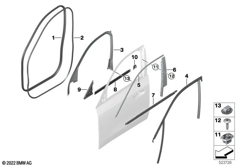 Cobertura del marco de la ventana de la puerta delantera derecha para BMW X1 U11 (OEM 51419423218). Original BMW.