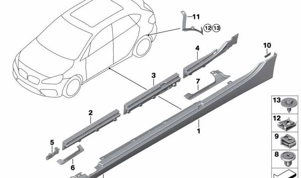 Listón de soporte del umbral medio trasero izquierdo para BMW Serie 2 F45, F46 (OEM 51777301941). Original BMW