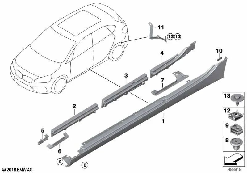 Listón de Sujeción Falda Trasera Izquierda para BMW F45, F45N (OEM 51777301943). Original BMW