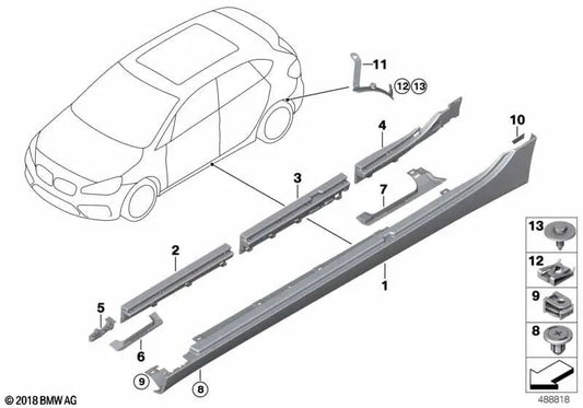 Revestimiento de faldón imprimado derecho para BMW F45, F45N (OEM 51777393794). Original BMW.