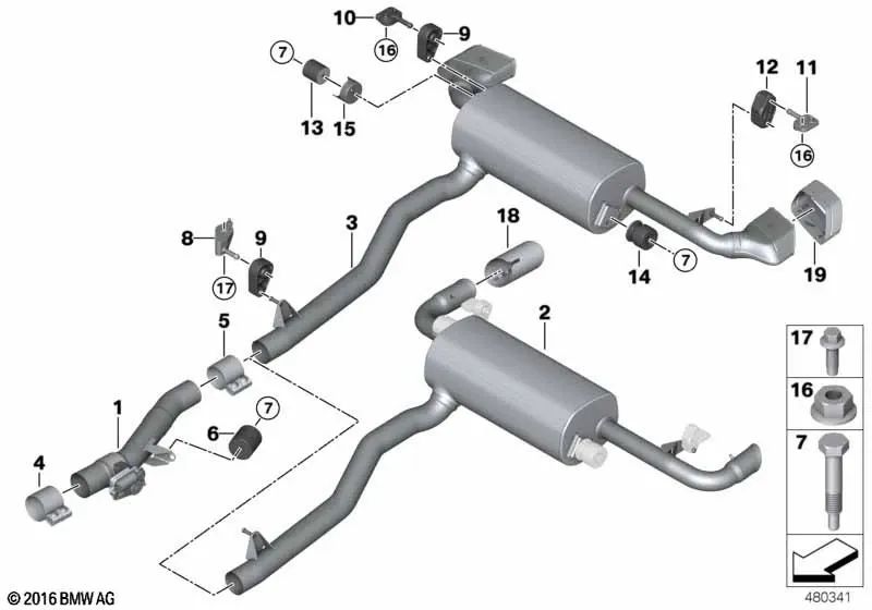 Válvula de escape de baja presión con tubo intermedio para BMW G30, G31 (OEM 18307102494). Original BMW.