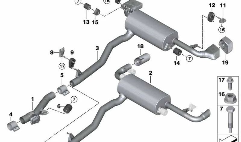 Válvula de escape de baja presión con tubo intermedio para BMW Serie 5 G30, G30N (OEM 18307925843). Original BMW