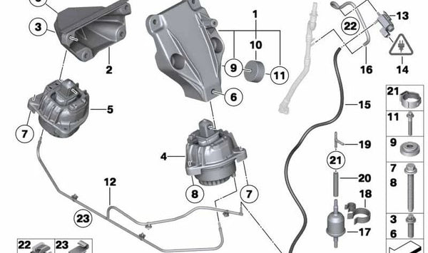 Soporte del motor izquierdo para BMW Serie 5 F07, F10, F11; Serie 6 F06, F12, F13; Serie 7 F01N, F02N (OEM 22116860233). Original BMW